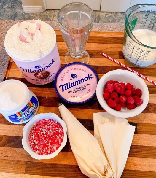 Ingredients for making the Raspberry White Chocolate Milkshake.