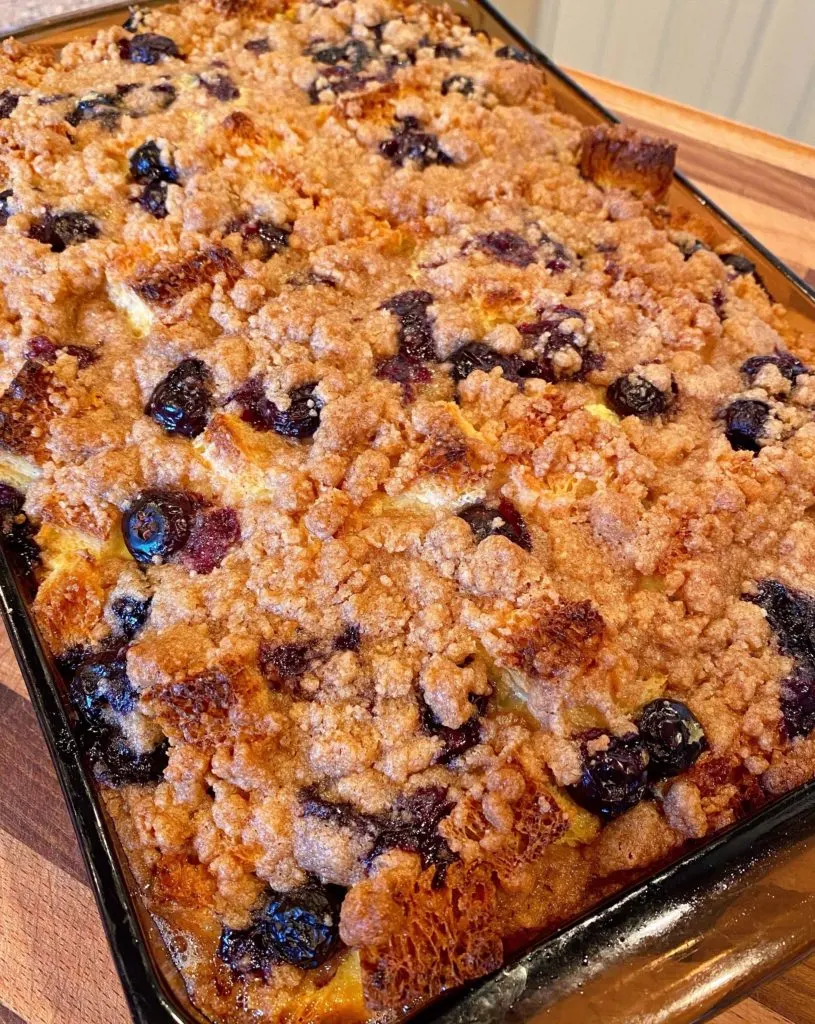 Baked 9 x 13 pan of Blueberry French Toast Casserole