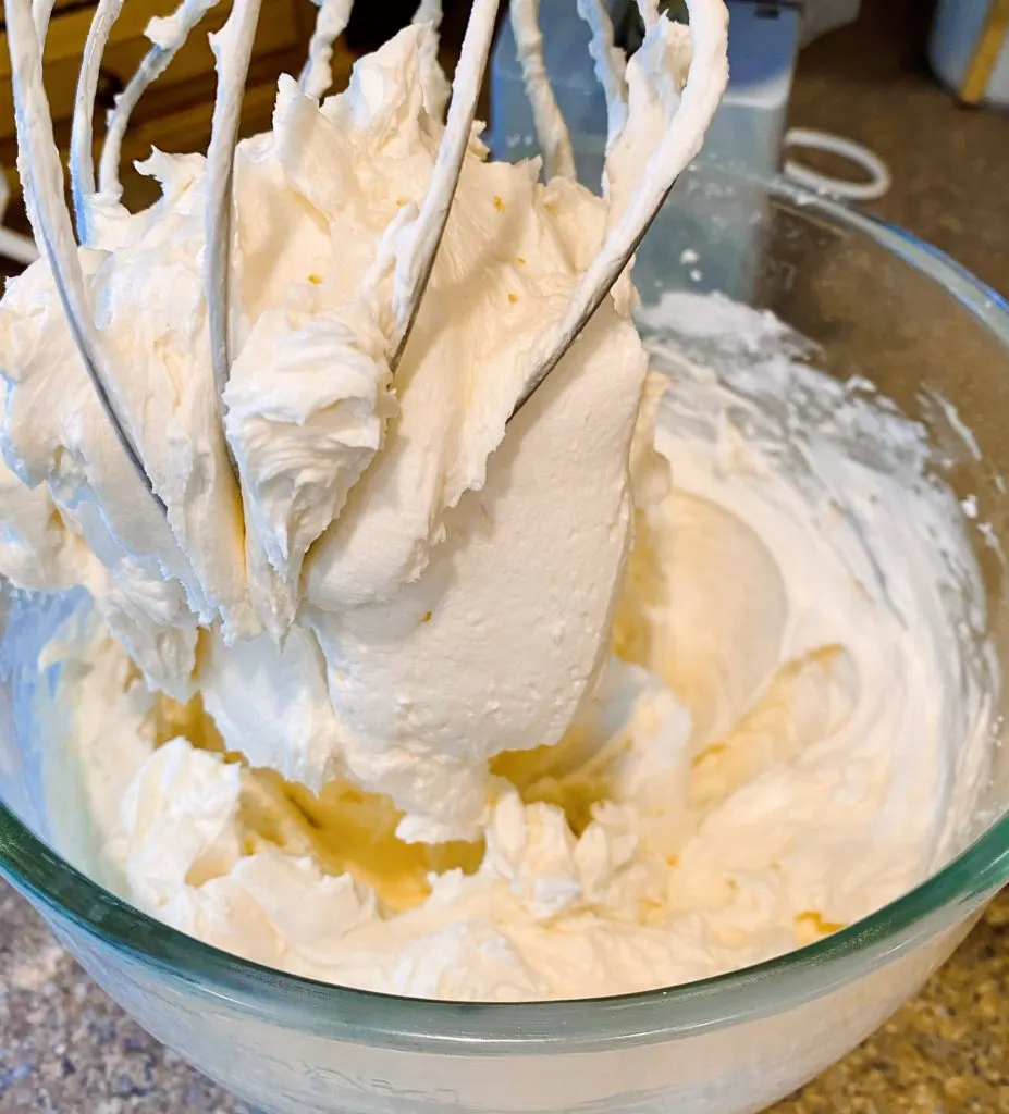 Frosting mixed in mixer on the whisk attachment.