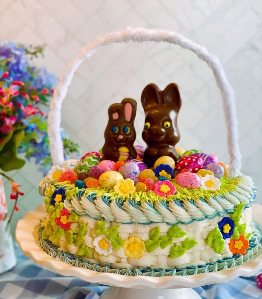 Easter Basket Cake on a cake plate.