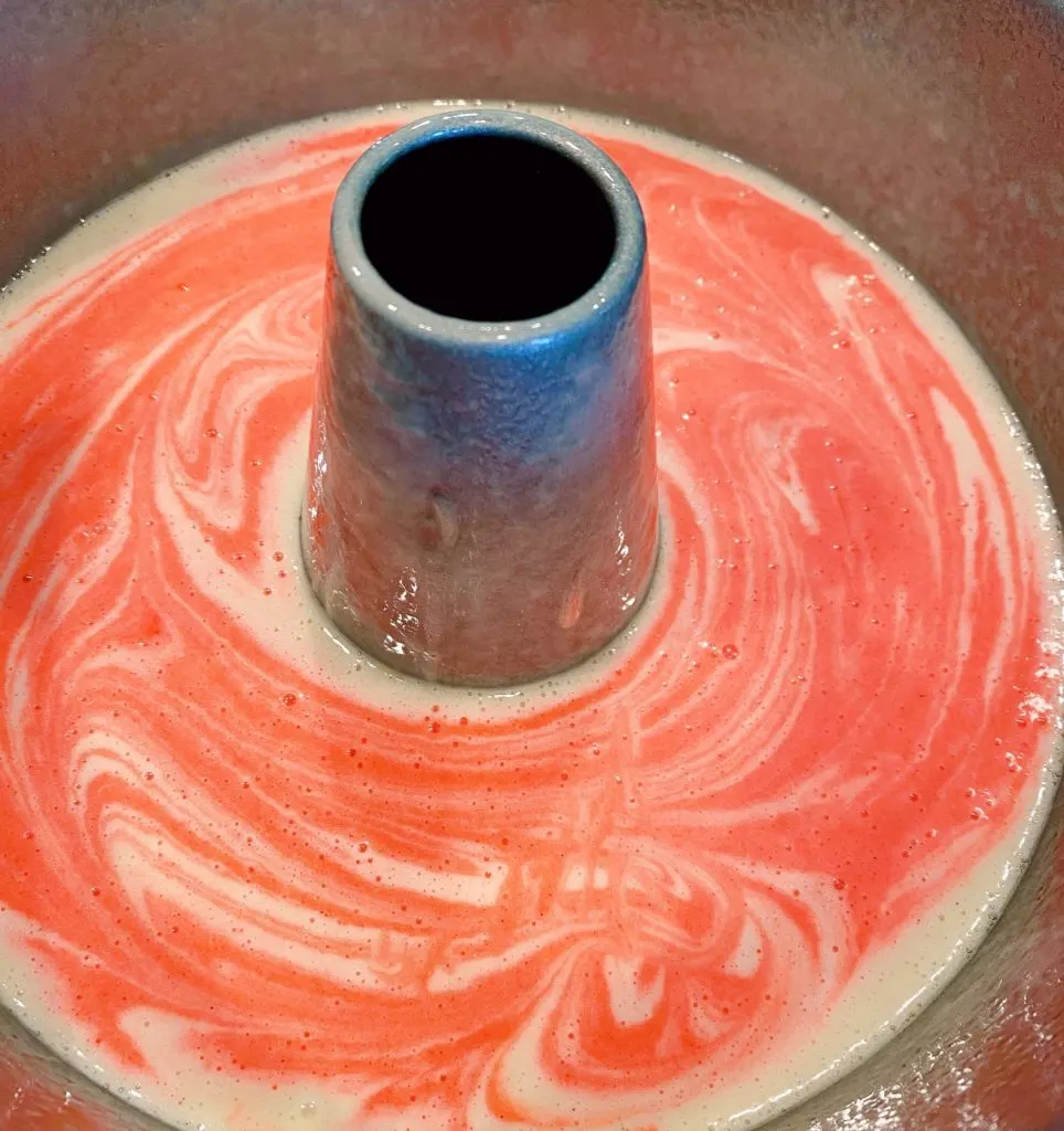 Easter Bunny Cake mix batter with vanilla and strawberry swirled together.