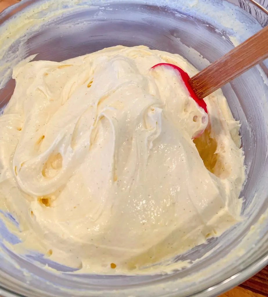Vanilla Bean Cream in a bowl ready to refrigerate with a spatula scraping down the sides of the bowl.