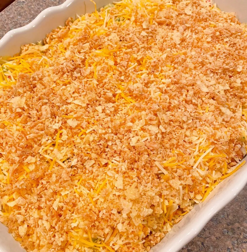 Casserole sprinkled with crumbled potato chips.