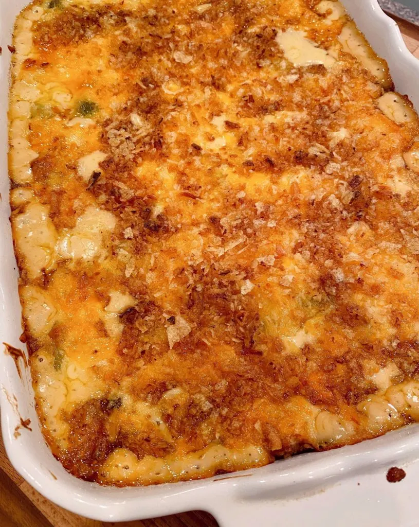 Baked casserole on counter top cooling.