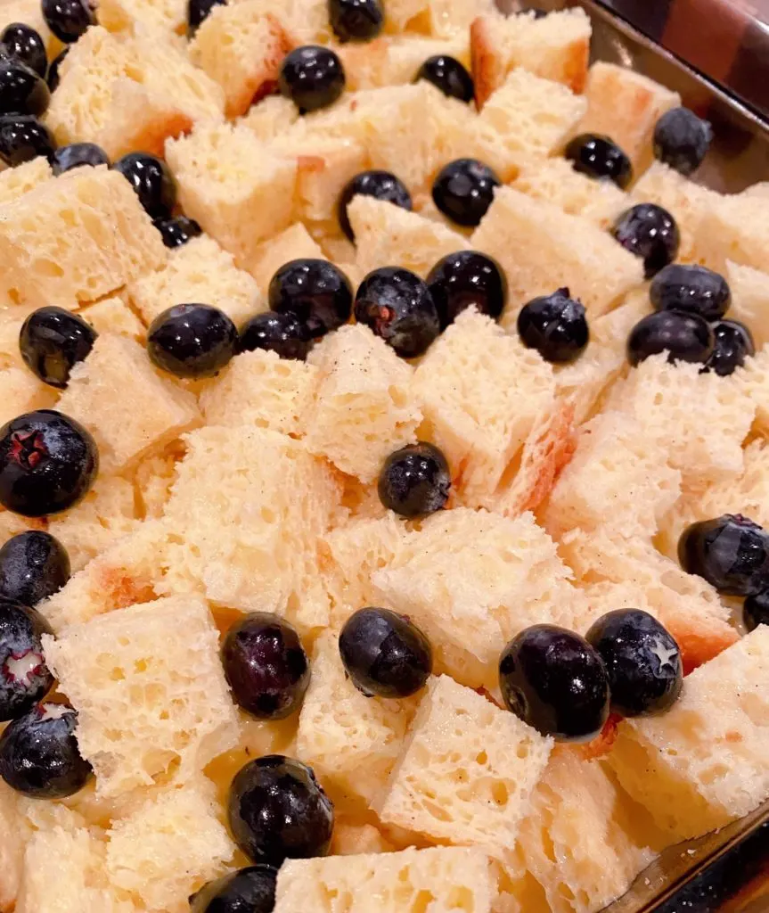 French Toast Bread cubes topped with fresh blueberries.