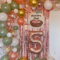 Five year balloon arch and decor for Norine's Nest 5 year blogiversary