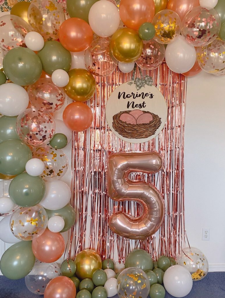 Five year balloon arch and decor for Norine's Nest 5 year blogiversary