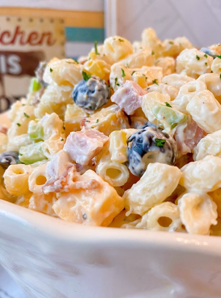 Close up photo of Creamy Summer Macaroni Salad.