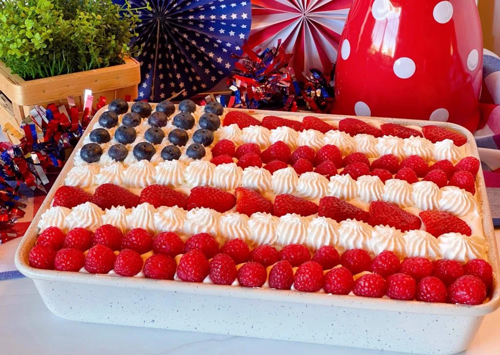 Red, White & Blue Poke Cake decorate like a flag.