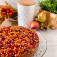 Cranberry Upside-Down Coffee Cake on a crystal platter