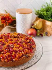 Cranberry Upside-Down Coffee Cake on a crystal platter