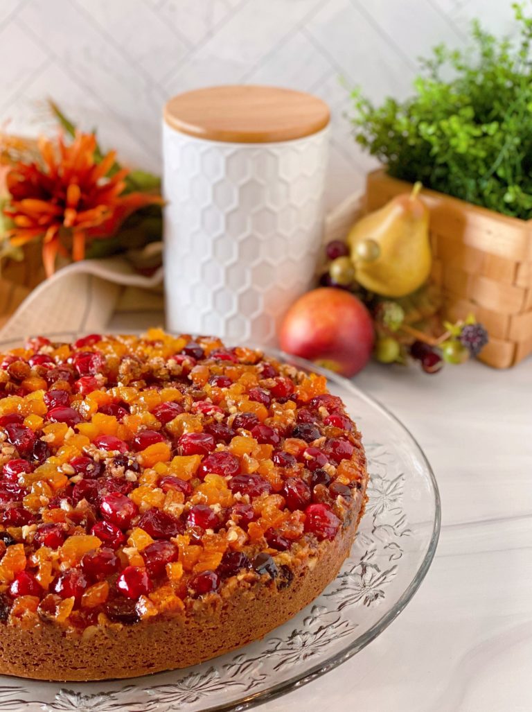 Cranberry Upside-Down Coffee Cake on a crystal platter