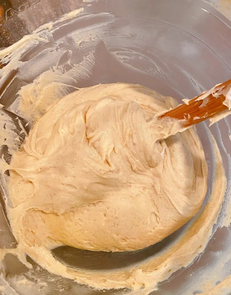 Cake batter in mixing bowl