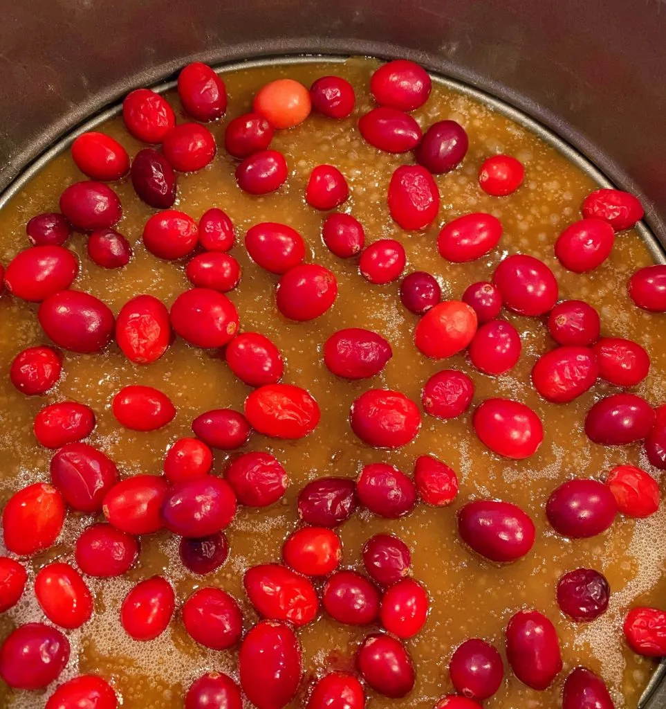 Whole cranberries sprinkled in bottom of springform pan with caramel glaze.