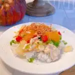 Hawaiian Haystacks on a white plate on a kitchen table with Fall decor around it.