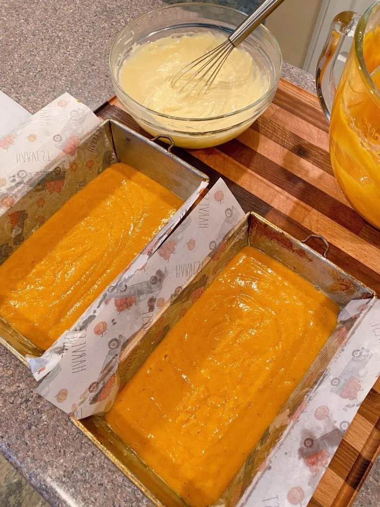 Pumpkin Batter poured into Bread Pans. 