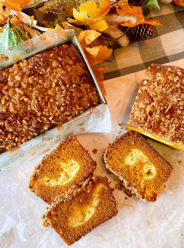 Sliced Pumpkin Cream Cheese Bread from overhead. 