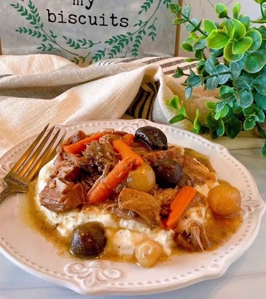 Plate with a serving of Slow Cooker Beef Burgundy