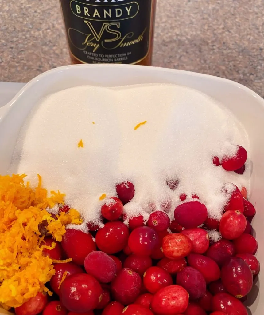 Brandied Cranberry ingredients in a baking dish. 
