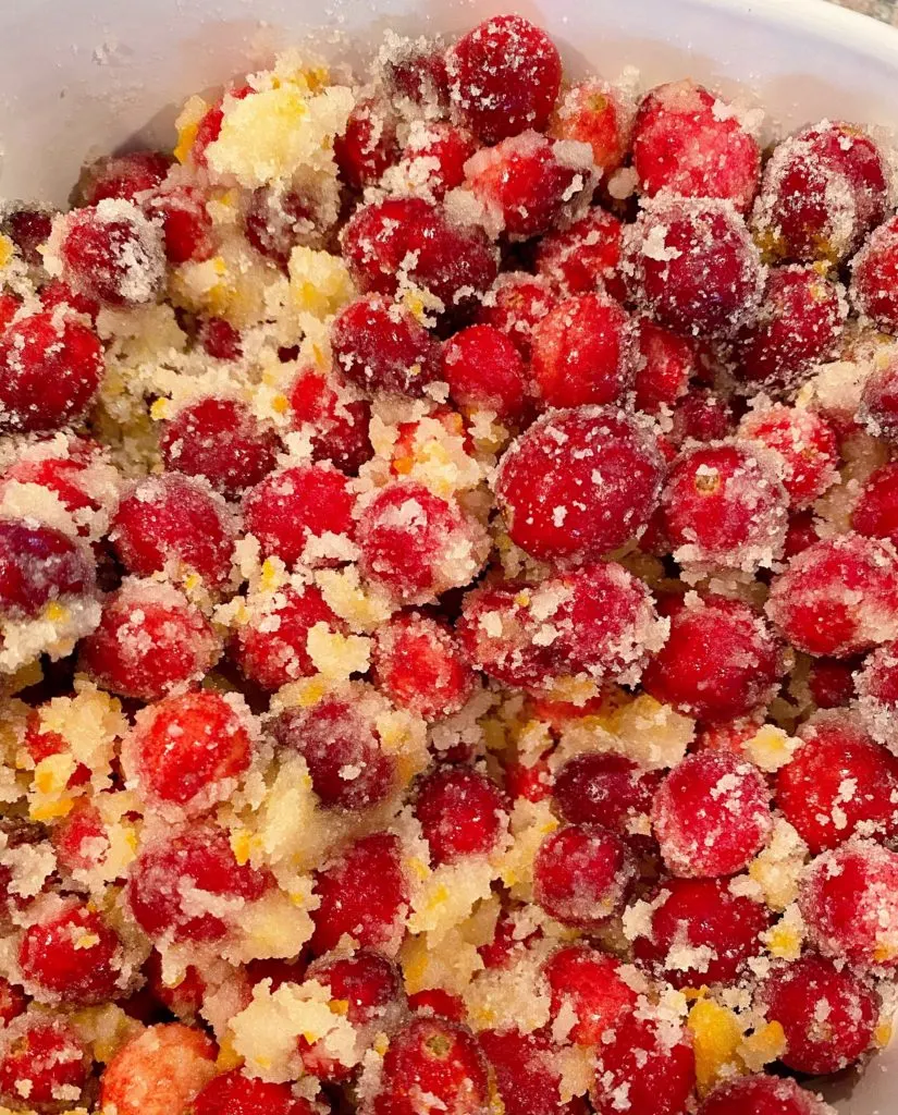 Mixing Brandied Cranberry Ingredients before baking.