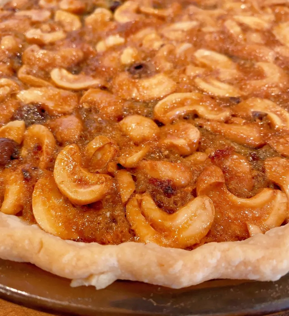 Close up photo of baked cashew filling.