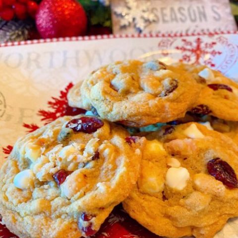 White Chocolate and Cranberry Cookies on a Christmas Plate.