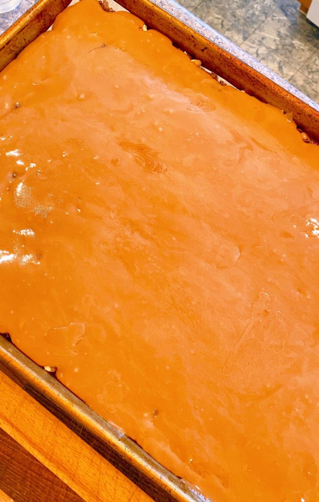 Toffee spread evenly in baking sheet.