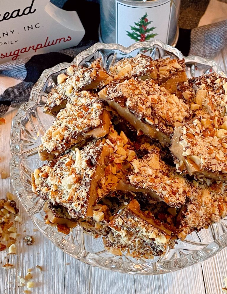 English Toffee Almond Roca in a crystal candy dish .