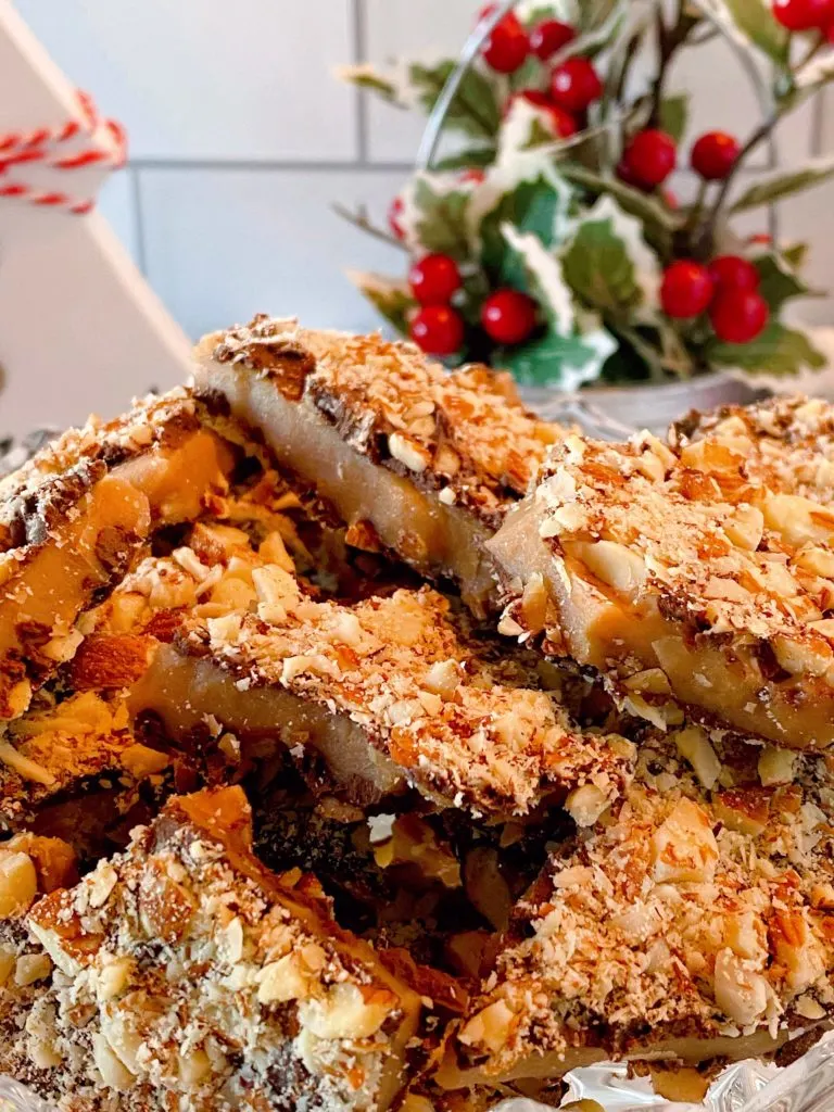 Almond Roca up close in candy dish.