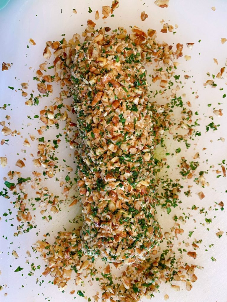 Salmon Log after being rolled in pceans and parsley.