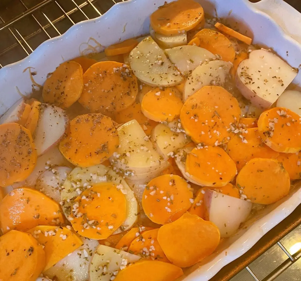 Potatoes after the foil has been removed after first 45 minutes of baking.