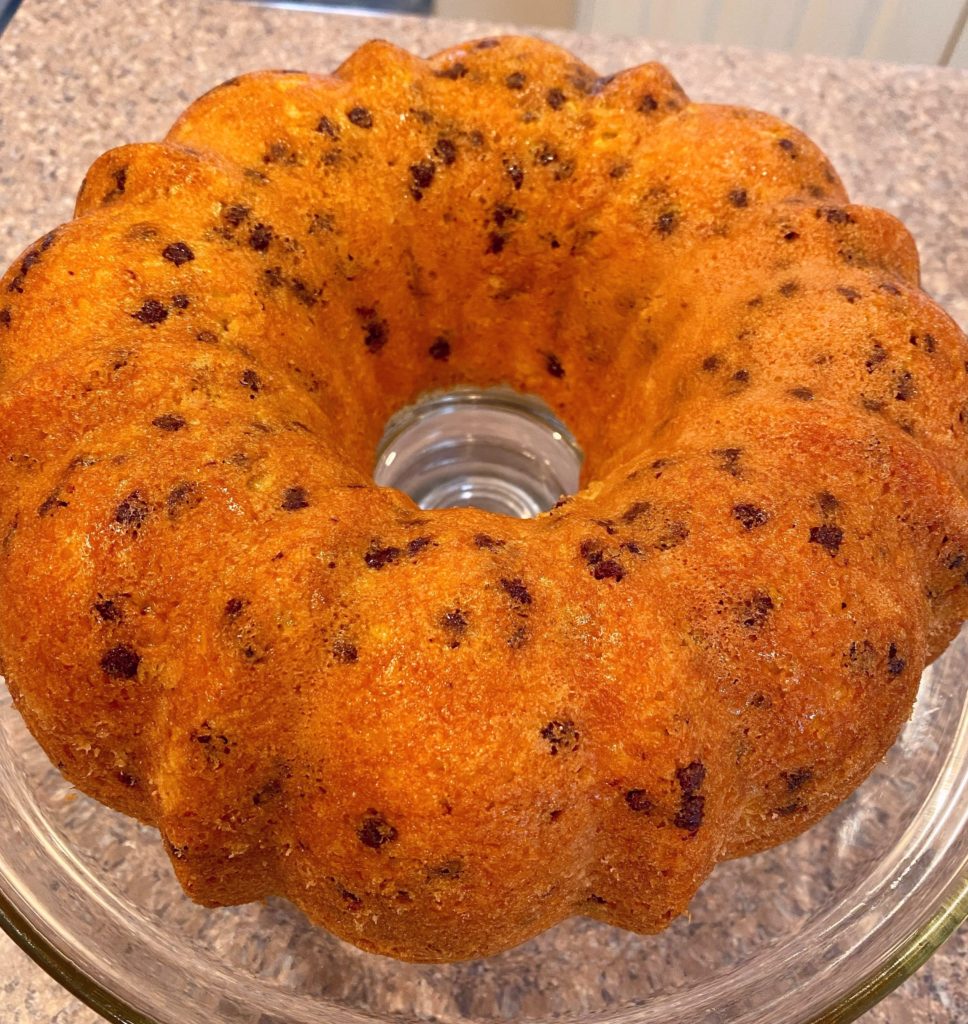 Baked Bundt Cake on cake plate.