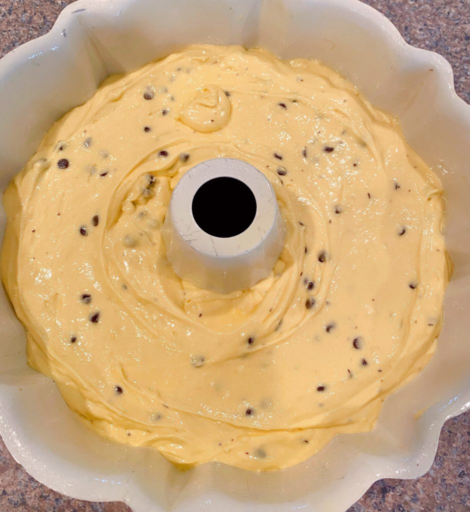 Cake batter in bundt pan ready for the oven.