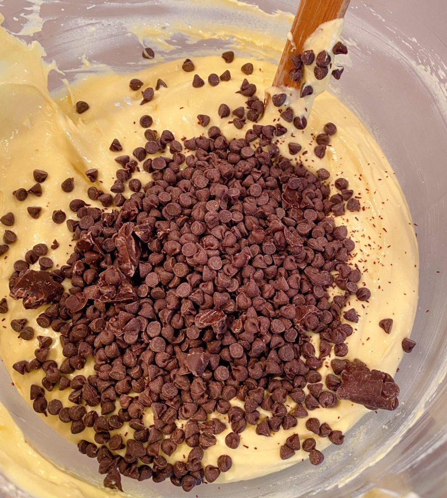 Adding Mini Chocolate Chips into Cake Batter.