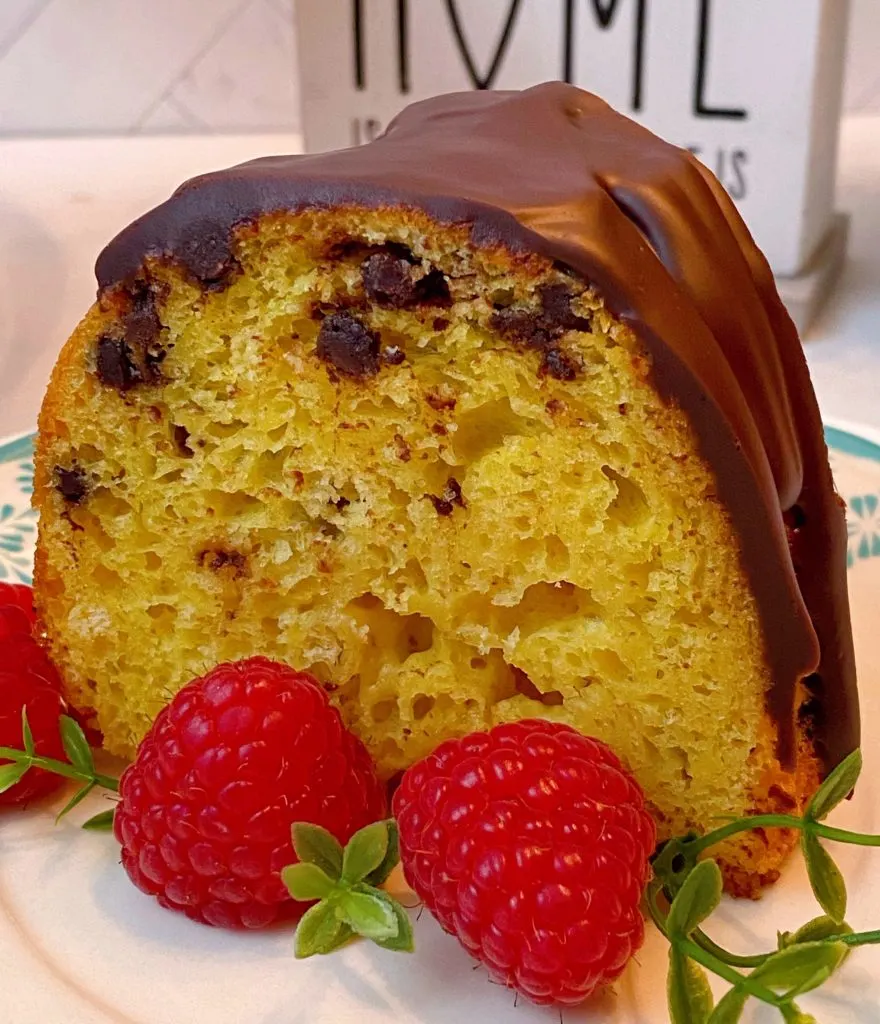 Slice of Chocolate Chip Cake with fresh raspberries.