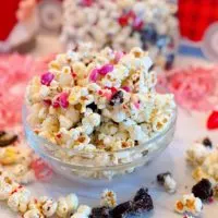 Bowl full of Cookies and cream valentines popcorn.