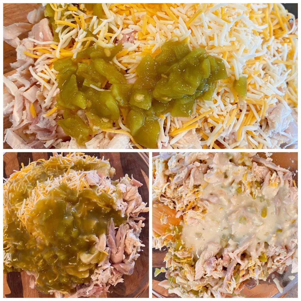 Three photos of the process of making the chicken enchilada filling. 