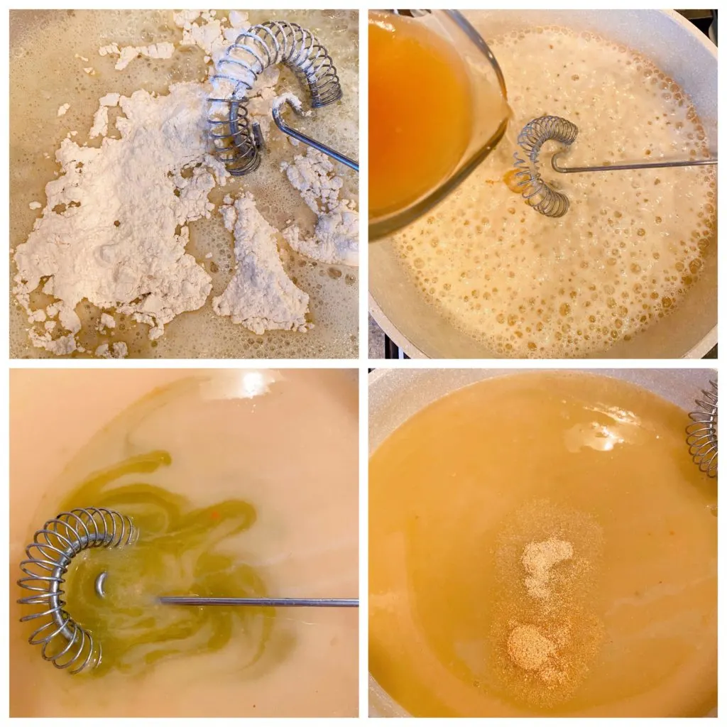 Four photos of the making of the creamy green sauce. From making the rous to adding the green enchilada sauce.