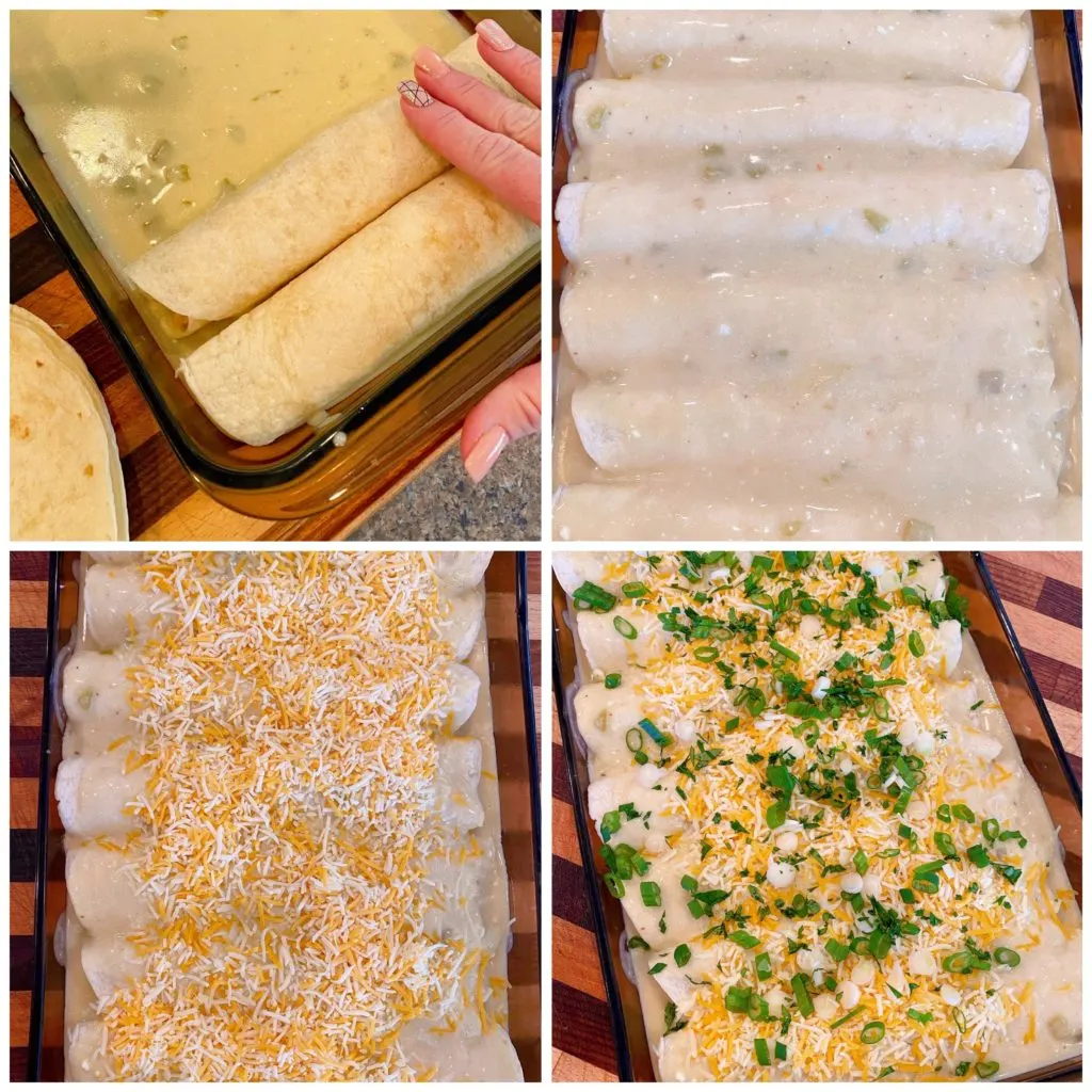 Collage of Chicken Enchiladas in baking dish, adding sauce, adding cheese, adding green onions and cilantro.