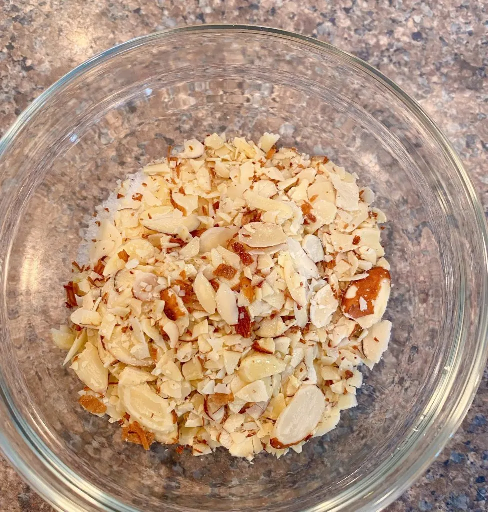 Small glass bowl with streusel topping.