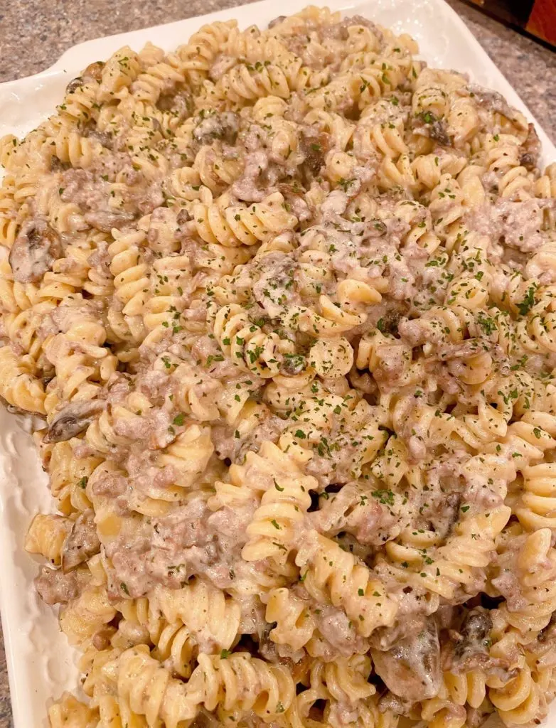 Beef Stroganoff on large serving platter ready to serve.