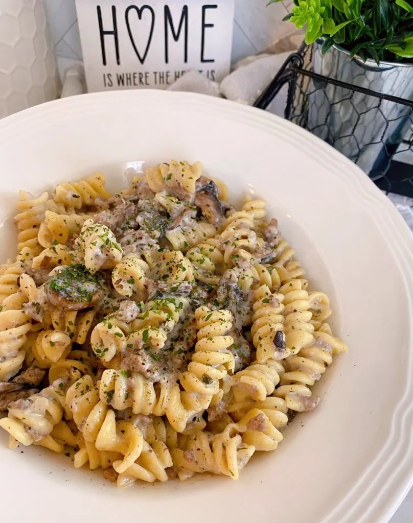 Bowl of Ground Beef Stroganoff single serving in white bowl.