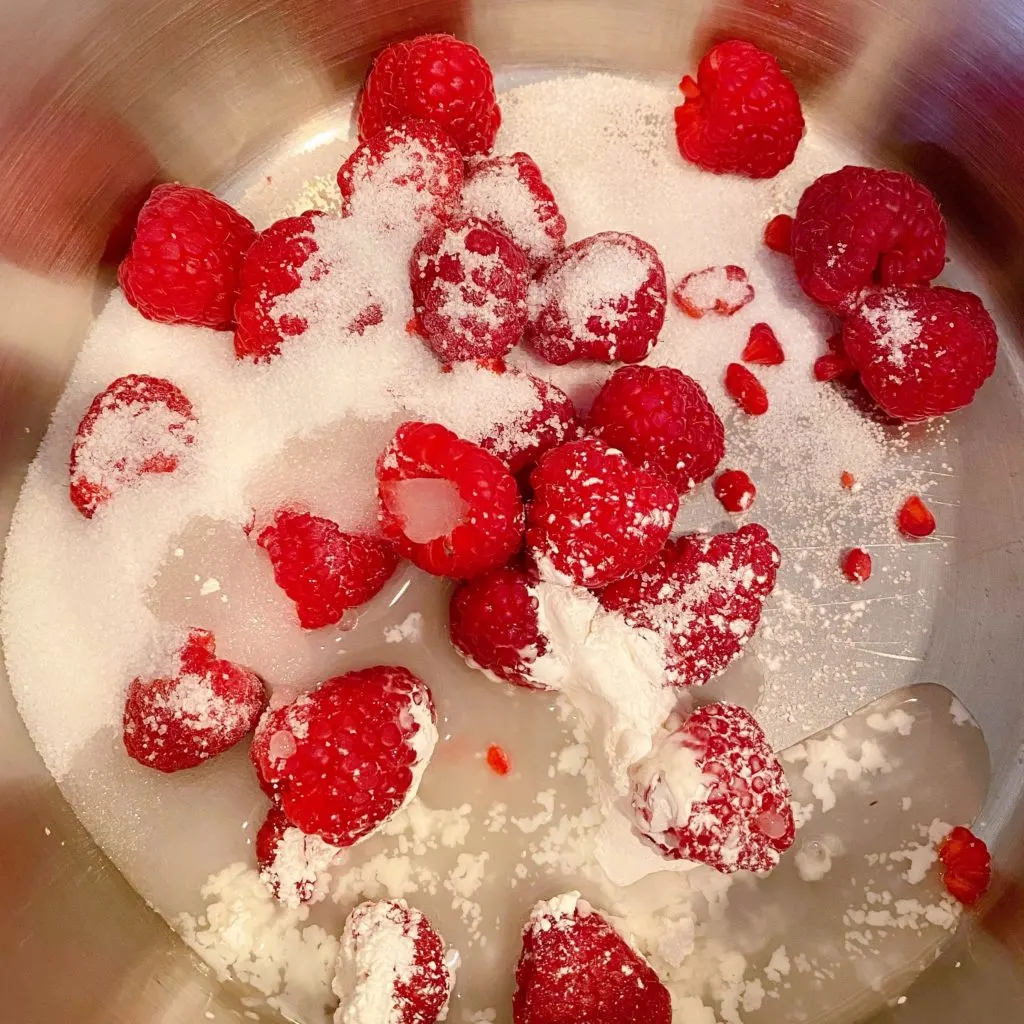 Fresh Raspberries, sugar, cornstarch and juice for raspberry sauce.