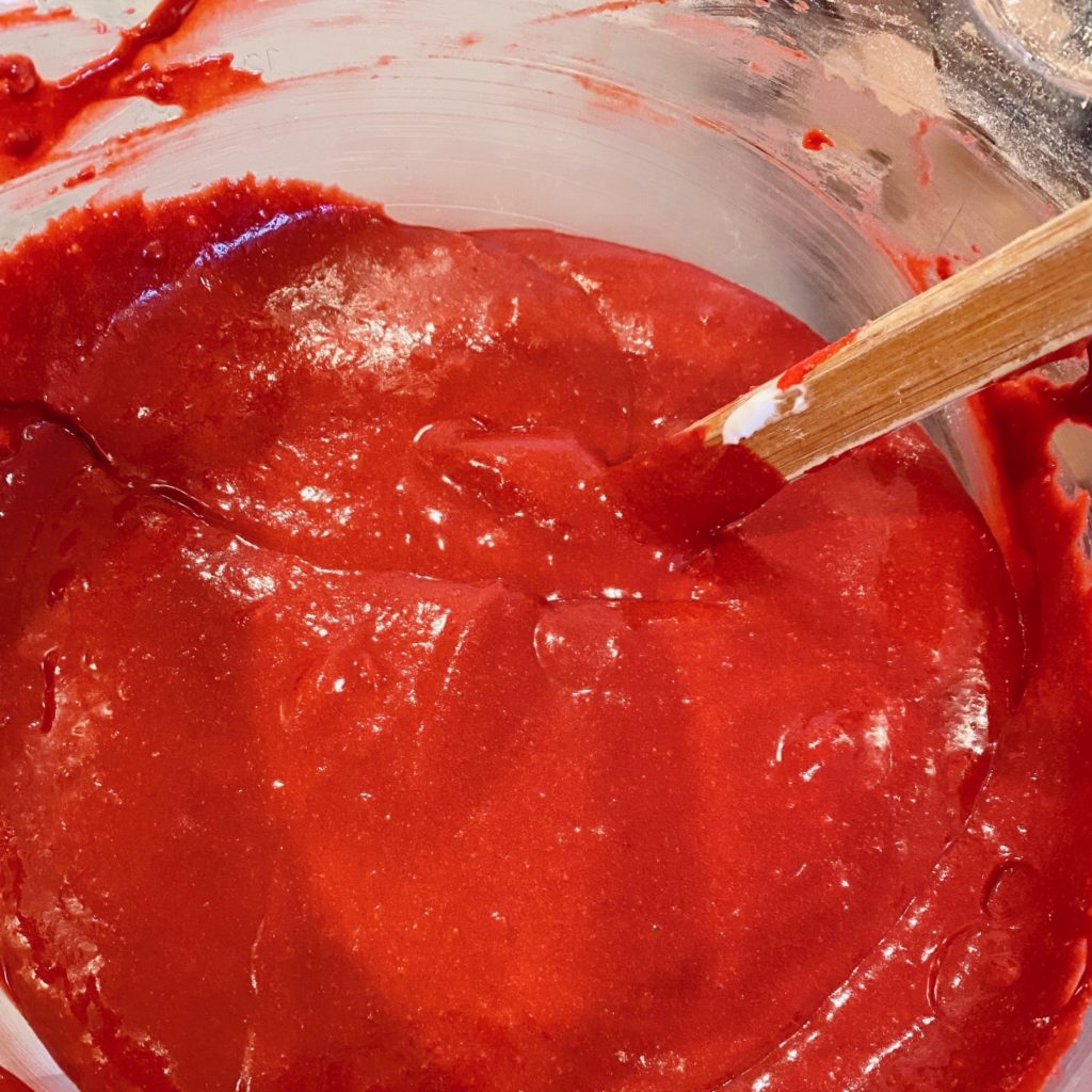 Red Velvet Cake batter in mixing bowl