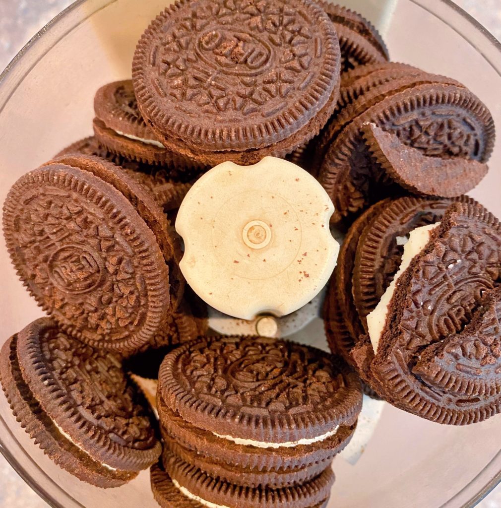 Oreo cookies in a small processor.