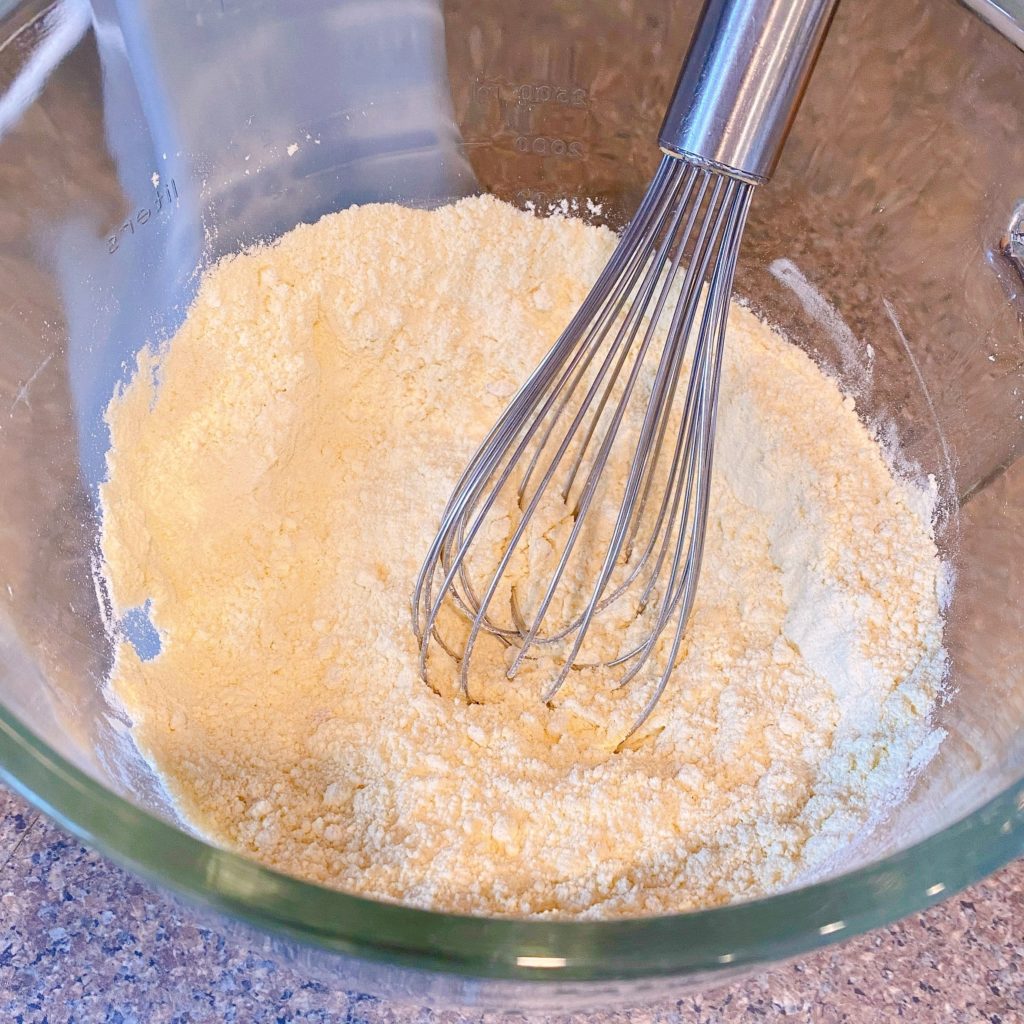 Cake mix in a bowl with wire whisk to break up clumps.