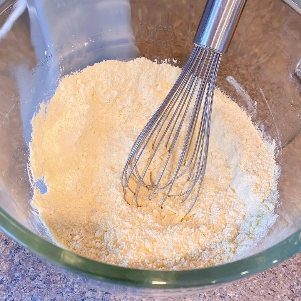 Cake mix in a bowl with wire whisk to break up clumps.