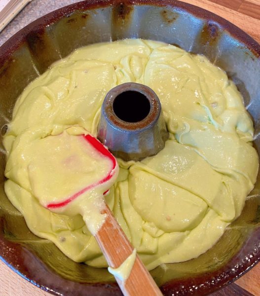 Pistachio Cake batter in bundt pan. Norine's Nest