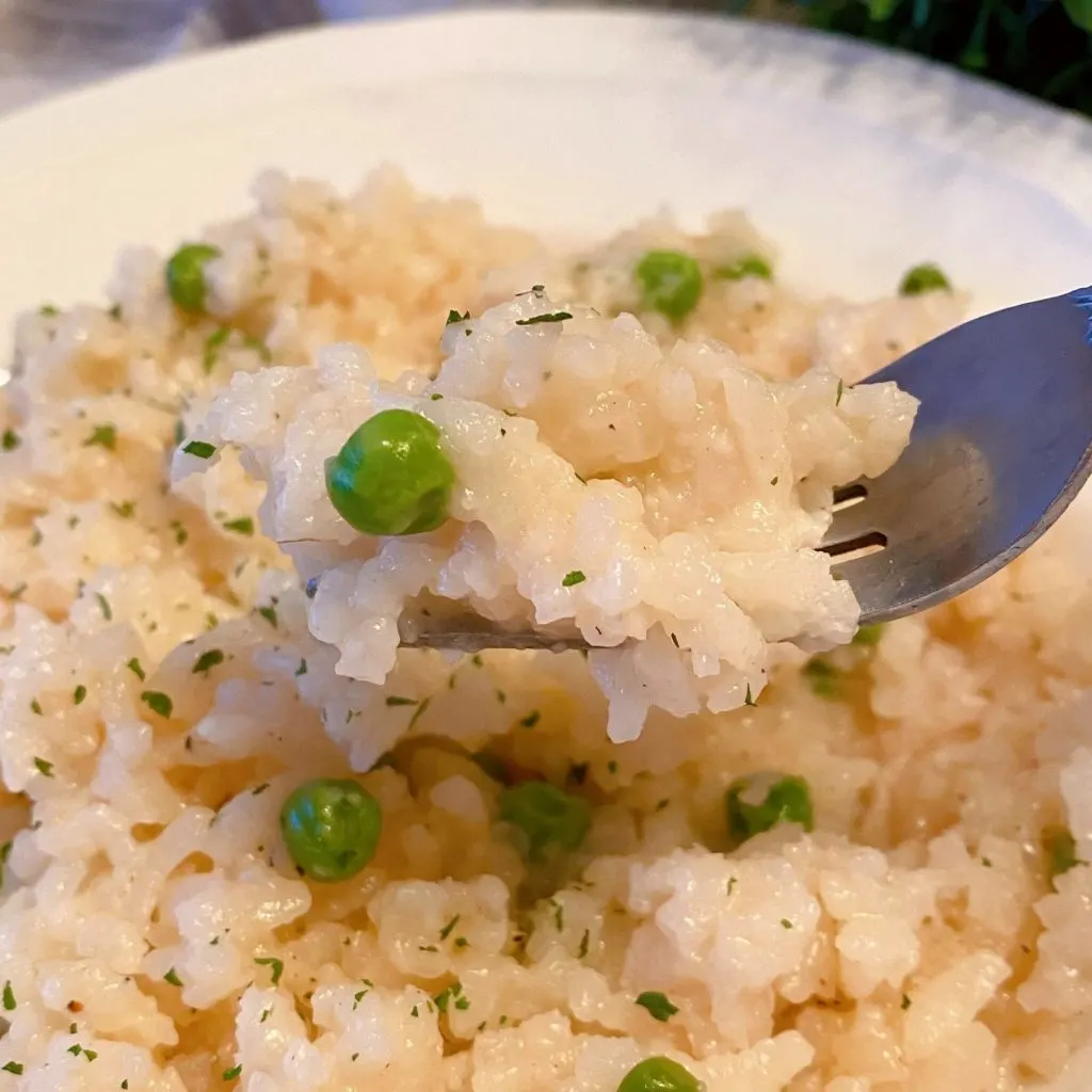 Cooked Risotto in a white serving dish being fluffed with a fork for serving.