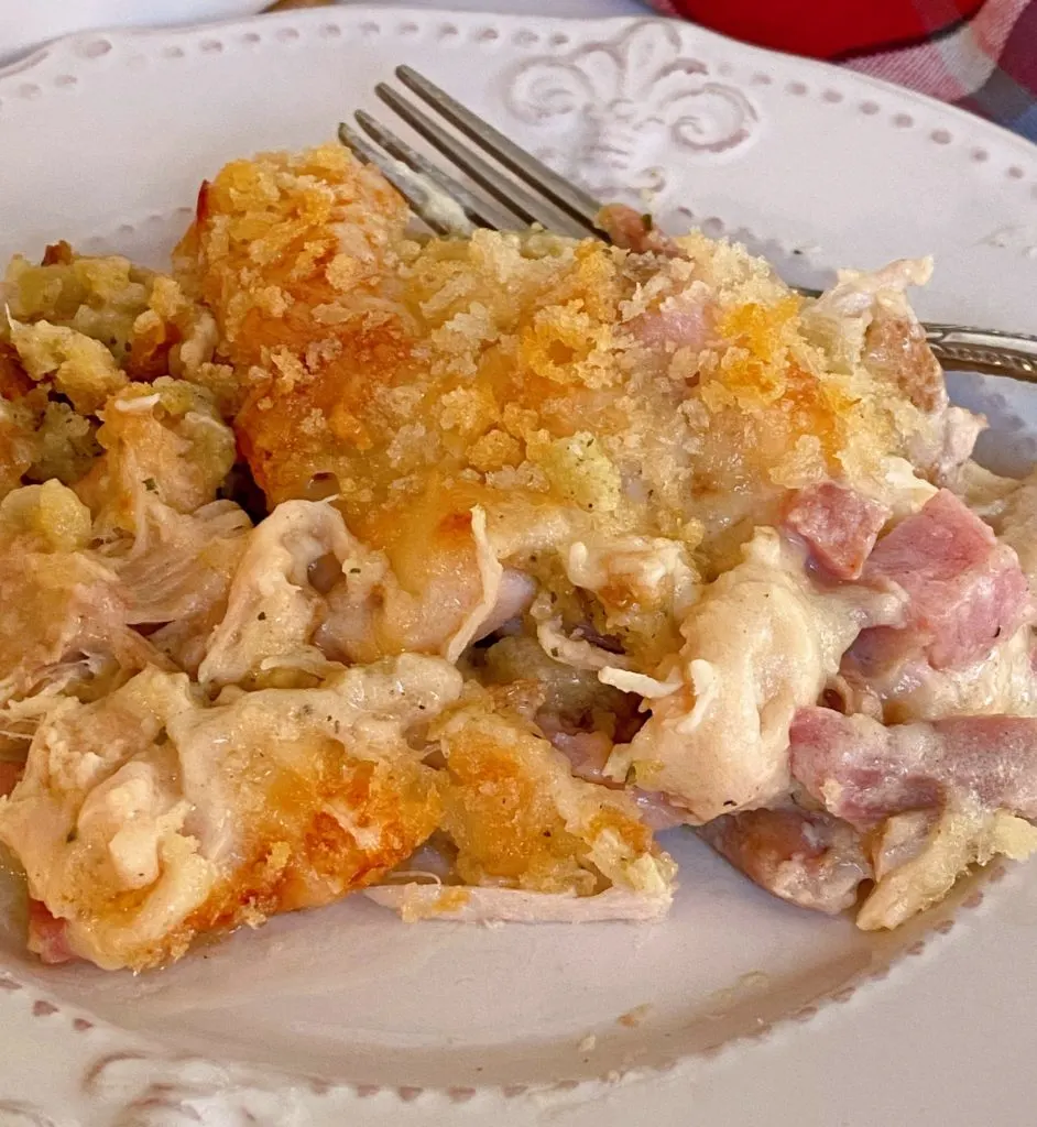 Chicken Cordon Bleu Casserole served on a white plate.